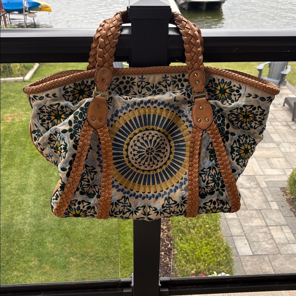 Cole Haan Yellow and Tan Embroidered Tote